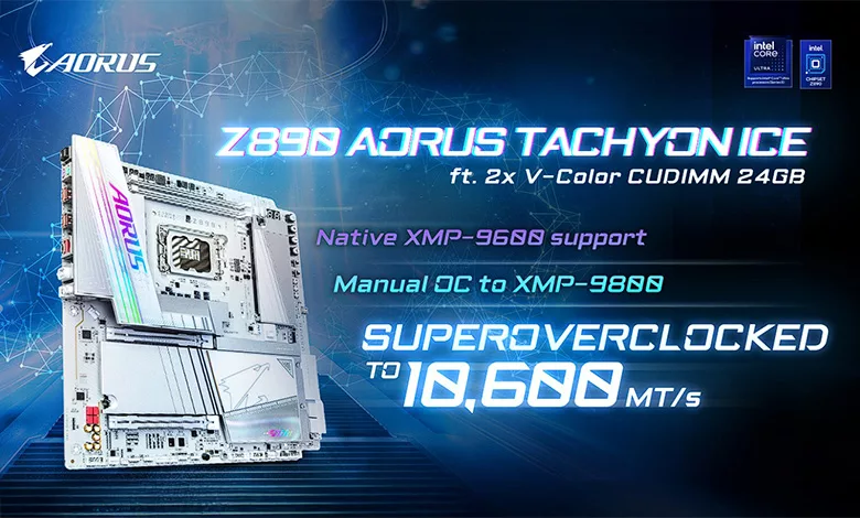 Un OC DDR5-10600 sur une GIGABYTE Z890 AORUS TACHYON ICE 1 Gigabyte DDR5 10600 Couv
