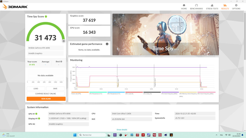 core ultra 5 245K timespy rtx 4090