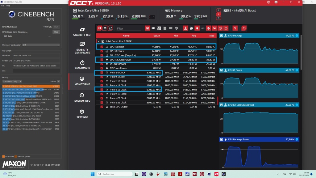 core ultra 9 285k frequences mono