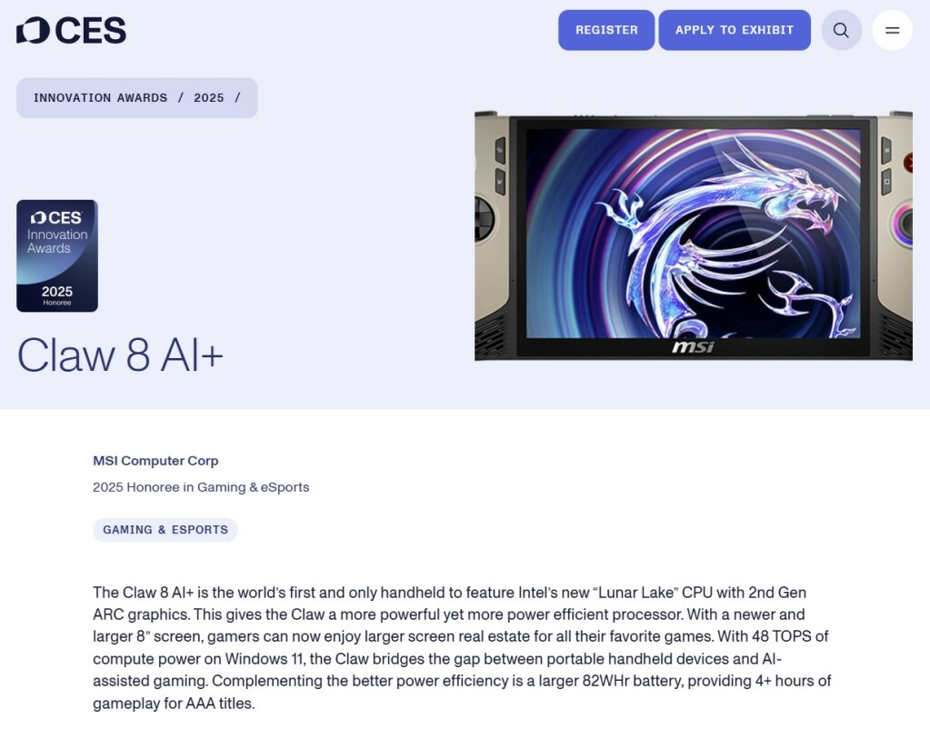 Claw 8 AI+ : La nouvelle console portable de MSI primée au CES 2025 3 MSI Claw 8 ai+ Hero