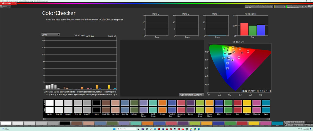 XENEON 34WQHD240 C QD OLED post calibration colorchecker