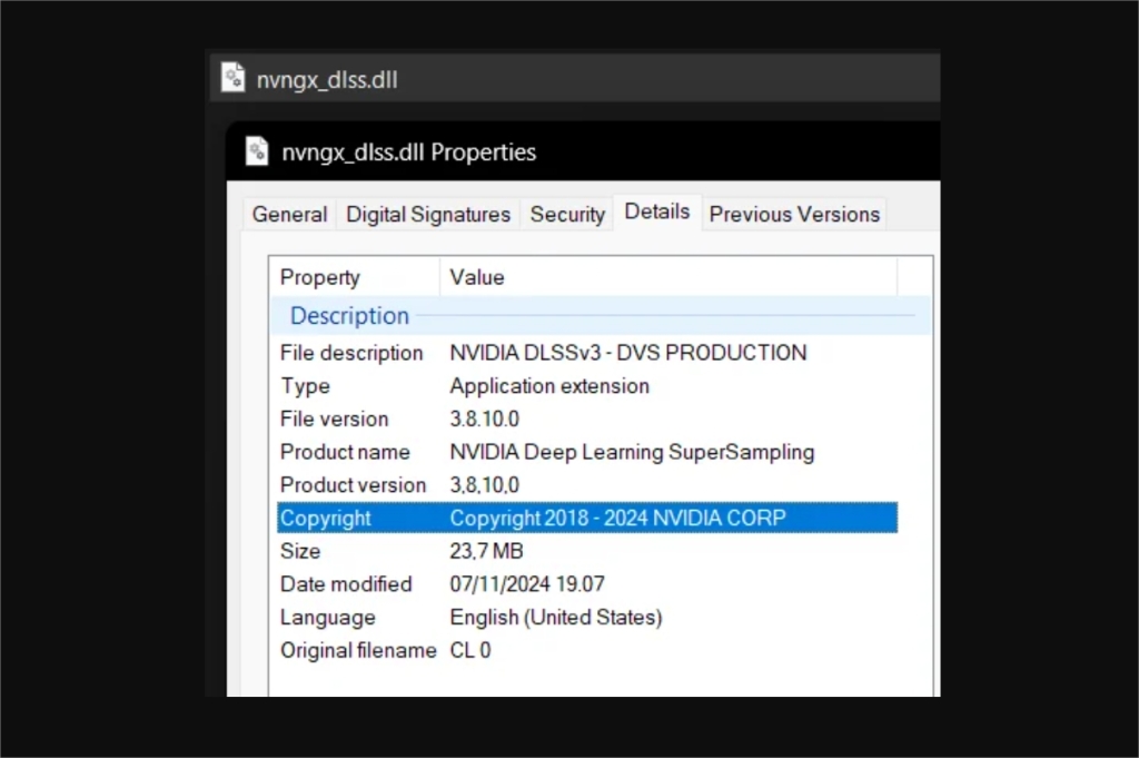 NVIDIA DLSS 3.8.10 : Moins de Modes, Plus de Légèreté dans le Fichier DLL 3 Propriétés du fichier nvngx_dlss.dll de NVIDIA DLSS version 3.8.10.0, copyright NVIDIA 2018-2024, taille 23,7 Mo