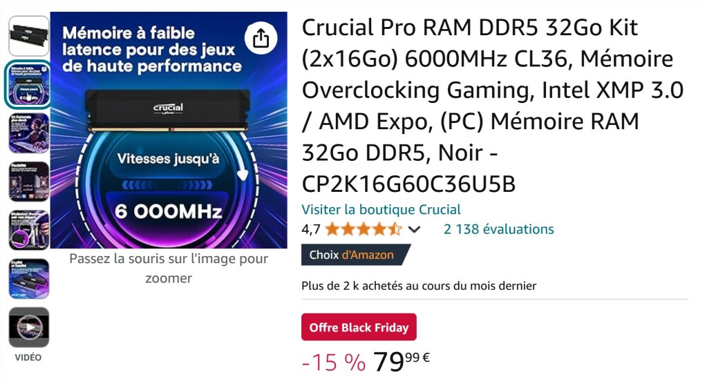 mémoire ddr5 crucial pro ddr5 79 eur promo bf 24