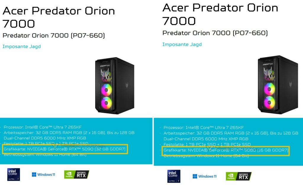 Prix des NVIDIA RTX 5090 et RTX 5080 révélés dans les Acer Predator Orion 7000 2 Acer Predator Orion 7000 RTX 5090 5080