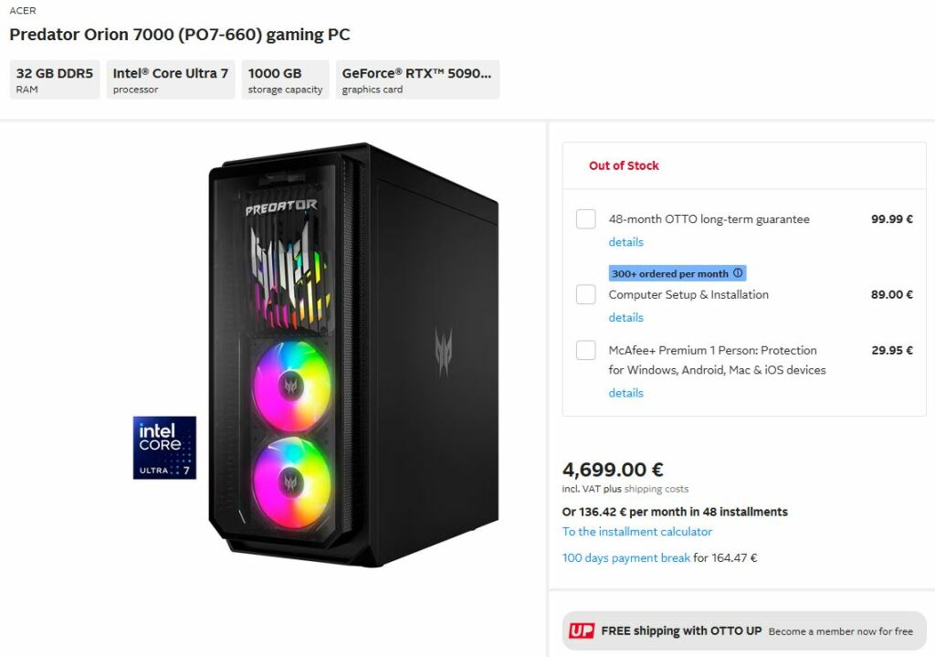 Prix des NVIDIA RTX 5090 et RTX 5080 révélés dans les Acer Predator Orion 7000 4 Orion 7000 RTX 5090 listing