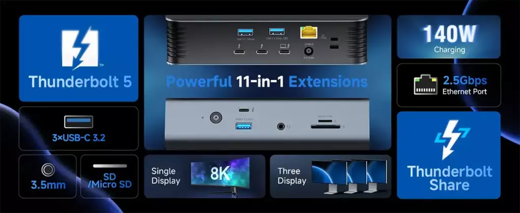 Cable Matters Thunderbolt 5 11 en 1, une station d'accueil jusqu'à 120 Gb/s 4 cable matters dock thunderbolt 5 connectique