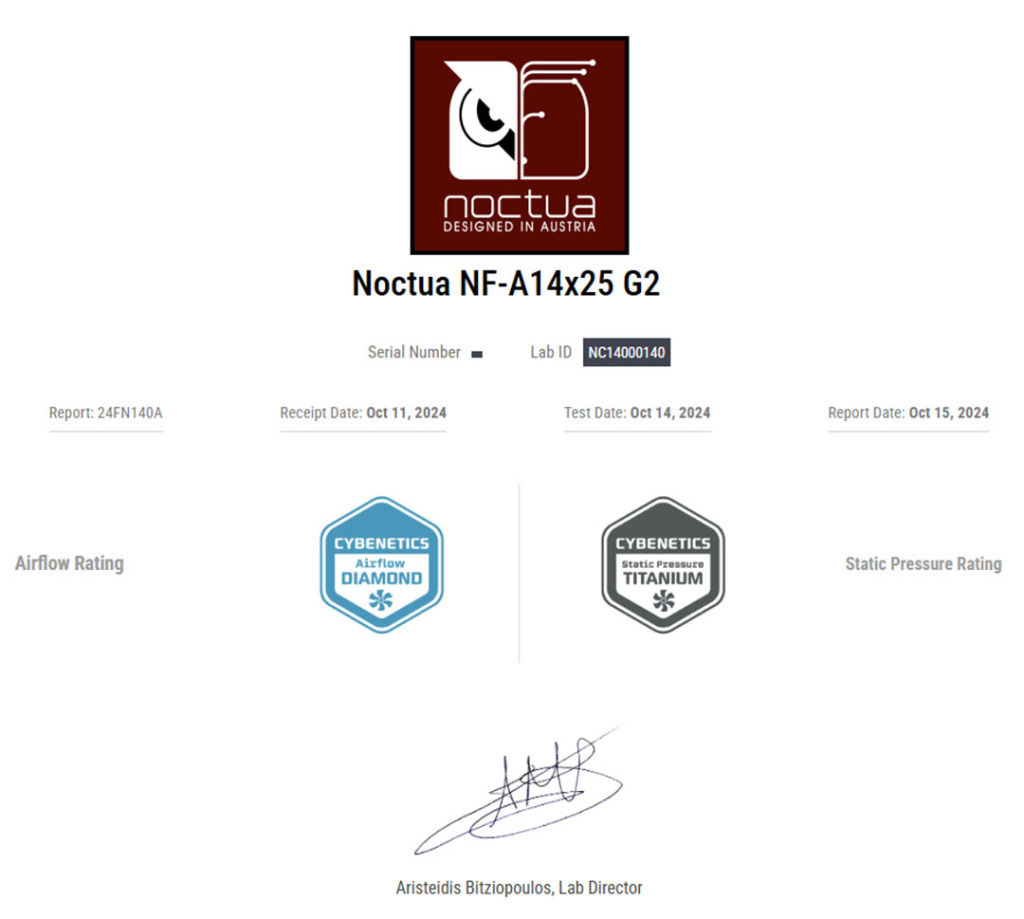 Cybenetics Test Noctua NF A14x25 G2 certifications