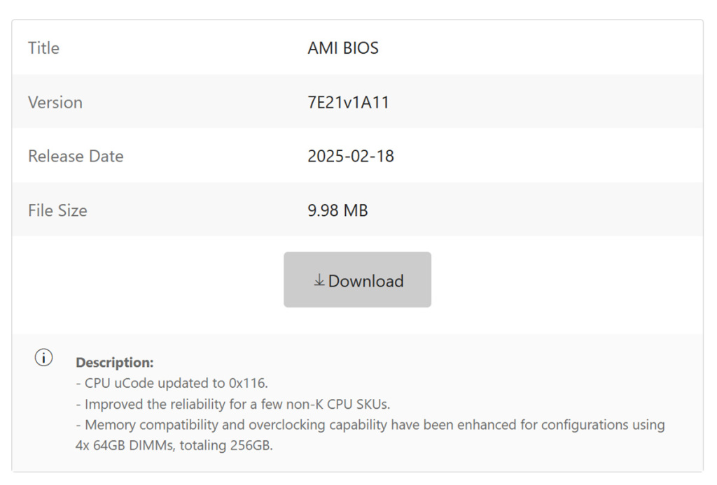 MSI met à jour les BIOS Z890 et B860 avec le microcode 0x116 3 msi bios intel microcode 0x116