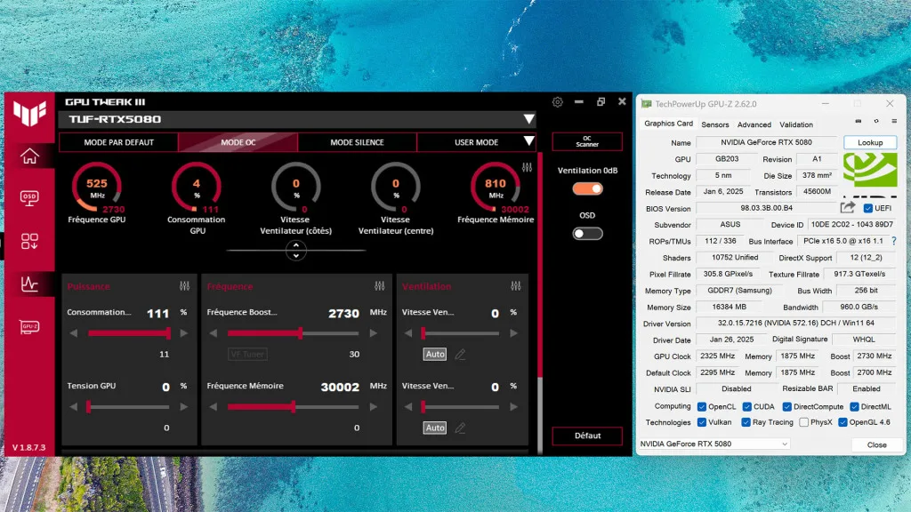 tuf gaming rtx 5080 oc gpu tweak iii oc mode