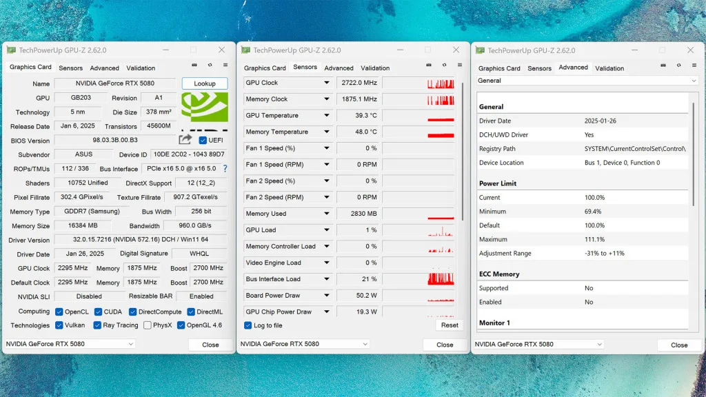 tuf gaming rtx 5080 oc q mode gpu z