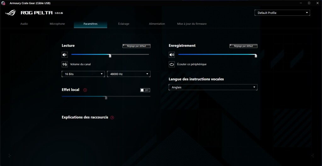 ASUS ROG PELTA logiciel paramètres