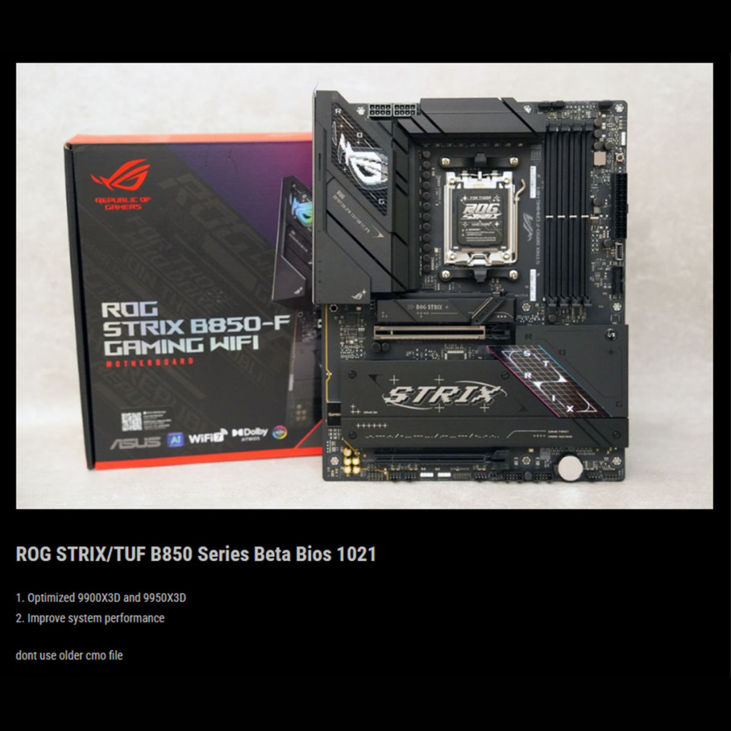 ASUS déploie le BIOS BETA 1202 pour cartes mères AM5 avec optimisations Ryzen 9 9950X3D & 9900X3D 2 Beta BIOS 1021 B850 asus 9900x3d