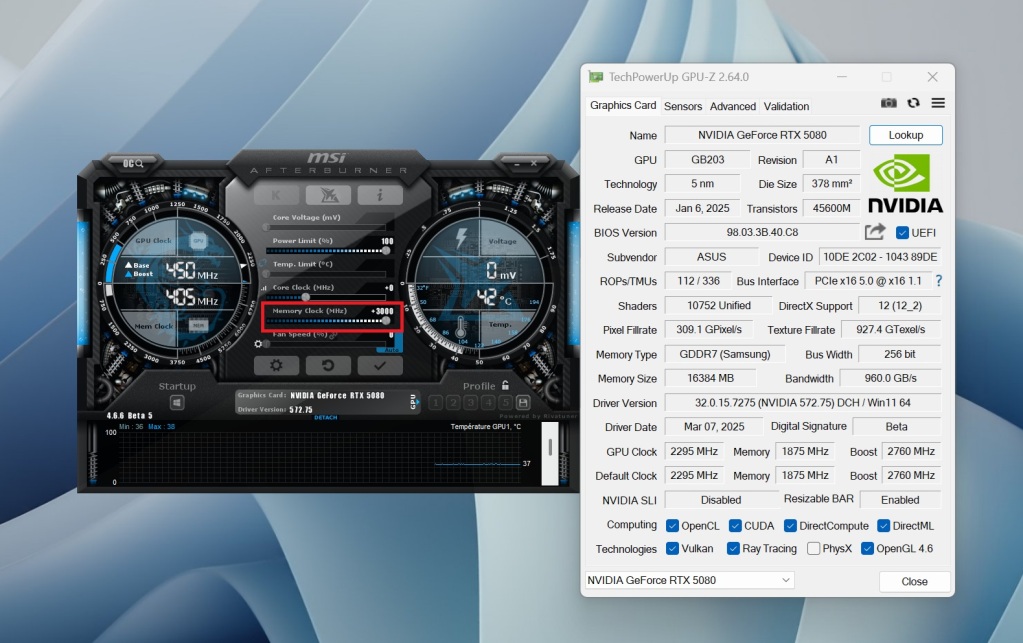 MSI Afterburner : un patch booste l’overclocking de la mémoire GDDR7 jusqu’à 36 Gbps sur les RTX 5080 2 MSI AFTERBURNER RTX 50 36 gbps test