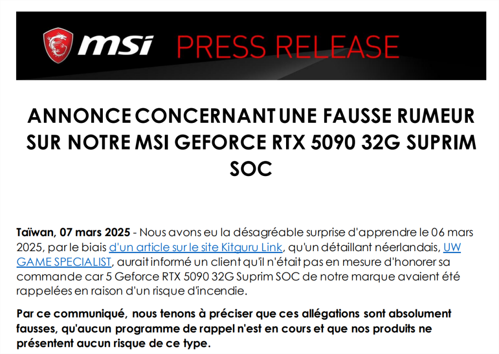 MSI GeForce RTX 5090 : démenti officiel sur une fausse rumeur 2 MSI dément les rumeurs sur un rappel de la GeForce RTX 5090 32G Suprim SOC