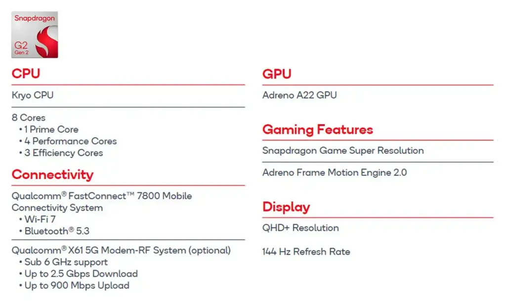 Qualcomm Snapdragon série G, trois nouvelles plateformes mobiles pour le jeu 4 qualcomm snapdragon g2 gen 2