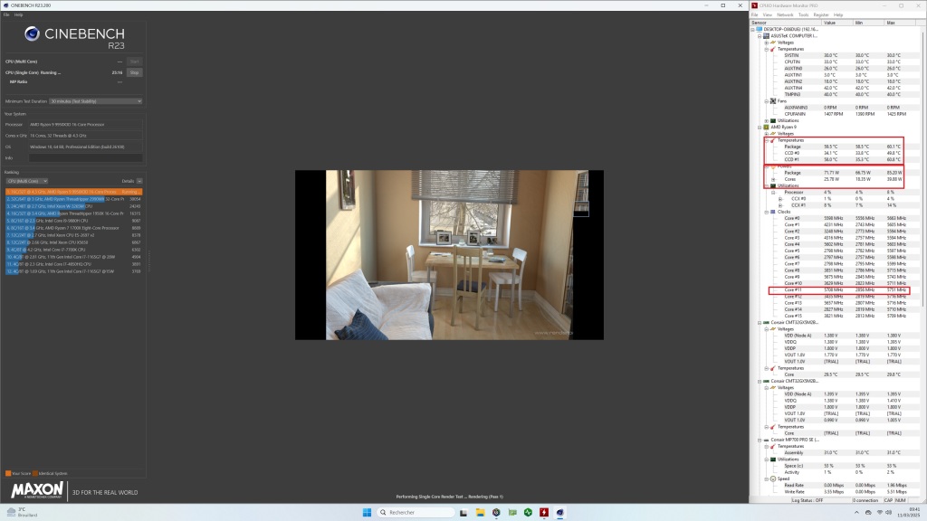 test amd ryzenn 9 9950x3d feq temp conso mono