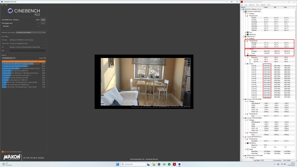 test amd ryzenn 9 9950x3d feq temp conso multi