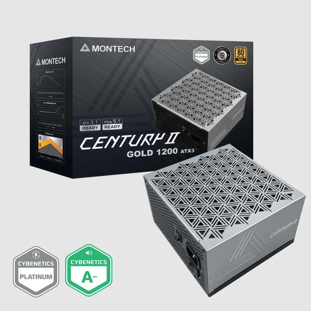 MONTECH présente l'alimentation CENTURY II : ATX 3.1, ventilateur 135 mm, 80 Plus Gold et Cybenetics Platinum 3 Alimentation ATX 3.1 Montech Century II boite