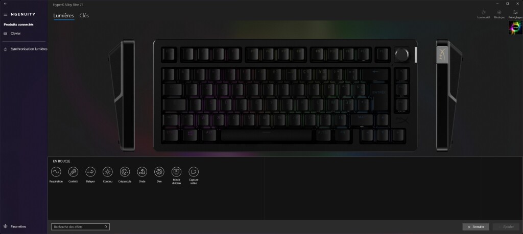 HyperX Alloy Rise 75 logiciel lumière boucle