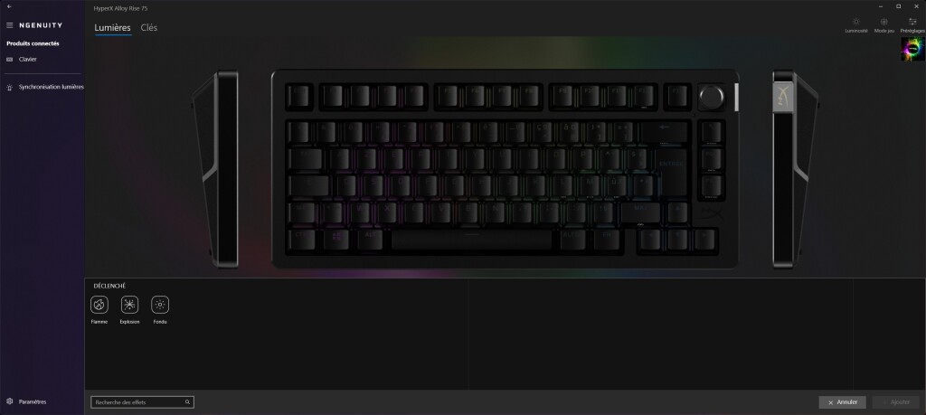 HyperX Alloy Rise 75 logiciel lumière déclenché