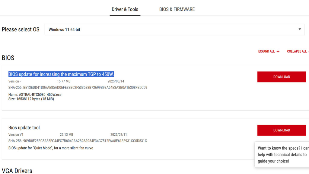 ASUS ROG Astral RTX 5080 : une mise à jour BIOS augmente le TGP à 450W 2 ROG Astral GeForce RTX 5080 16GB GDDR7 OC Edition Bios update 450 watts