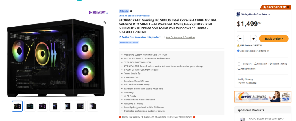 NVIDIA GeForce RTX 5060 Ti : Lancement, prix, specs et premiers PC équipés 3 Stormcraft PC Sirius RTX 5060 Ti i7 14700F Newegg 1456x596