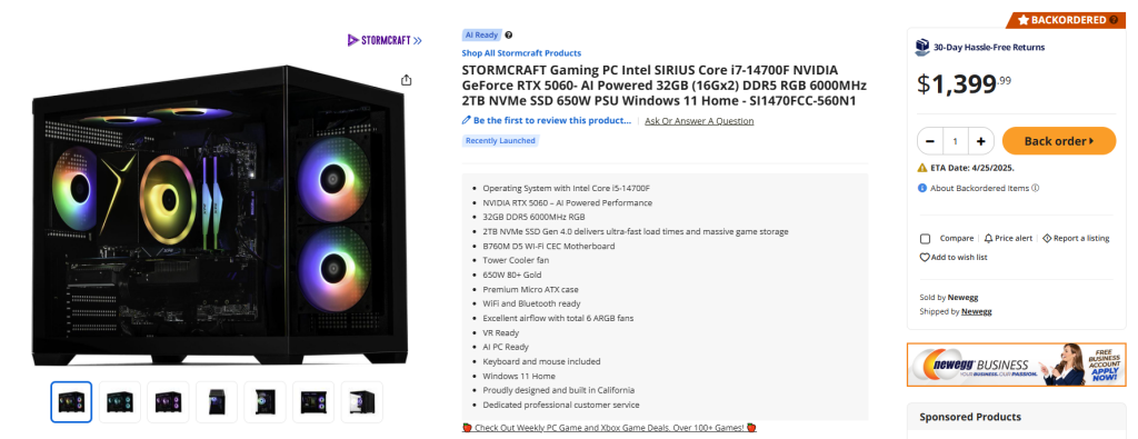 NVIDIA GeForce RTX 5060 Ti : Lancement, prix, specs et premiers PC équipés 2 Stormcraft PC Sirius RTX 5060 i7 14700F Newegg