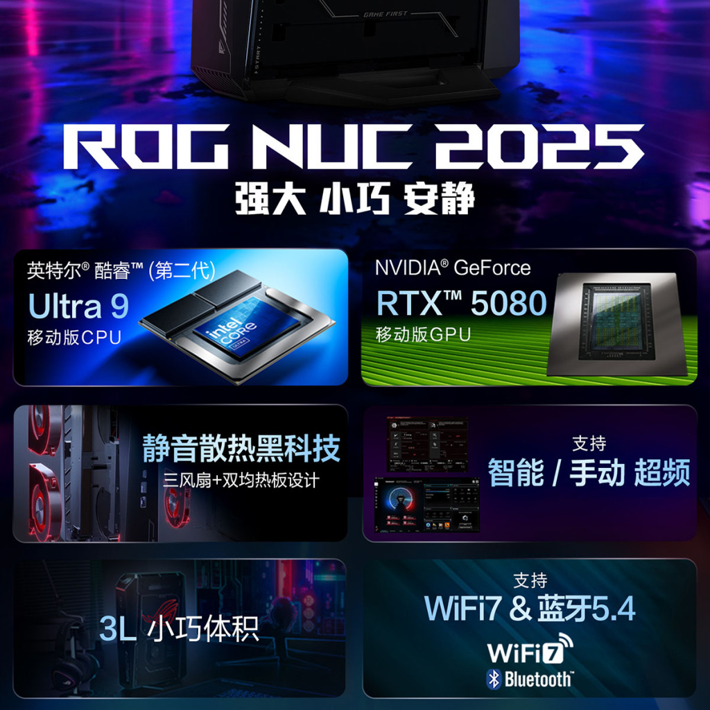 ROG NUC 2025 : quand la RTX 5080 et l’Ultra 9 tiennent dans 3 litres 4 rog nuc 2025 main specs