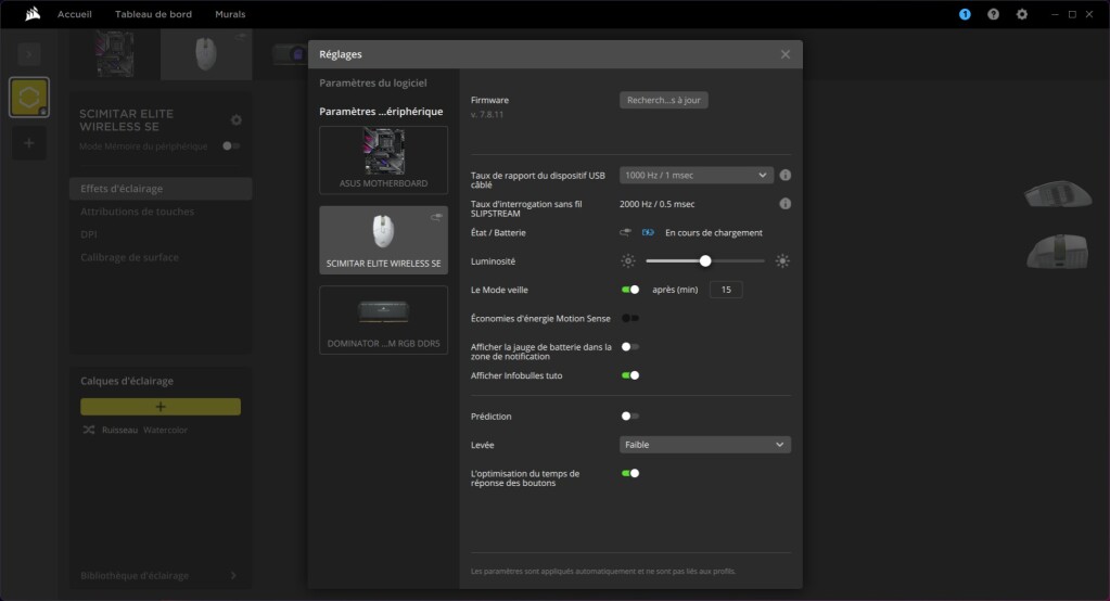 CORSAIR Scimitar Elite Wireless SE paramètres globaux