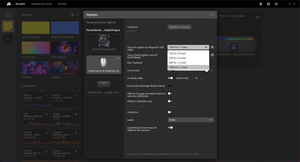 CORSAIR Scimitar Elite Wireless SE polling rate filaire