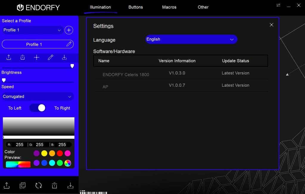 ENDORFY Celeris 1800 logiciel paramètres