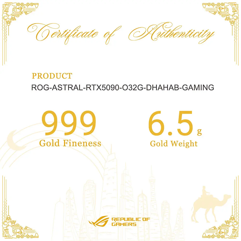 ASUS ROG Astral GeForce RTX 5090 Dhahab Édition : l’or qui coûte un rein 4 RTX 5090 32GB ROG ASTRAL DHAHAB EDITION gold certificate