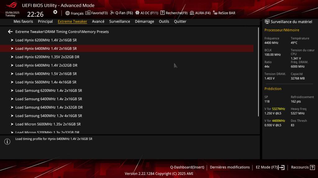 test rog crosshair x870e extreme oc ram 6400 preset rog