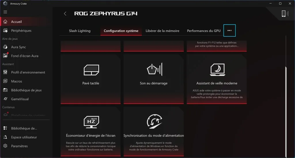ASUS ROG Zephyrus G14 Armory Crate configuration système 1
