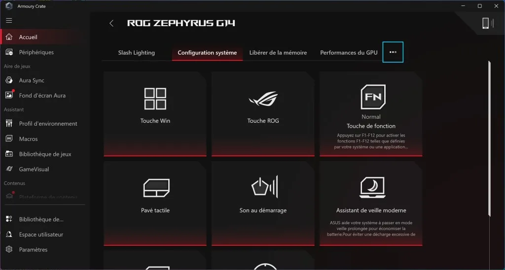 ASUS ROG Zephyrus G14 Armory Crate configuration système 2