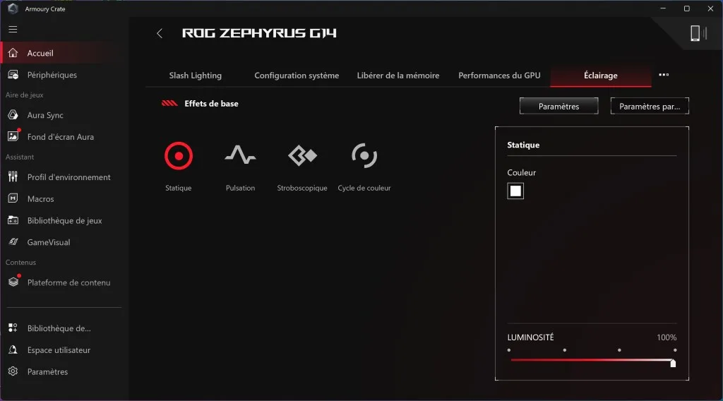 ASUS ROG Zephyrus G14 Armory Crate éclairage des touches