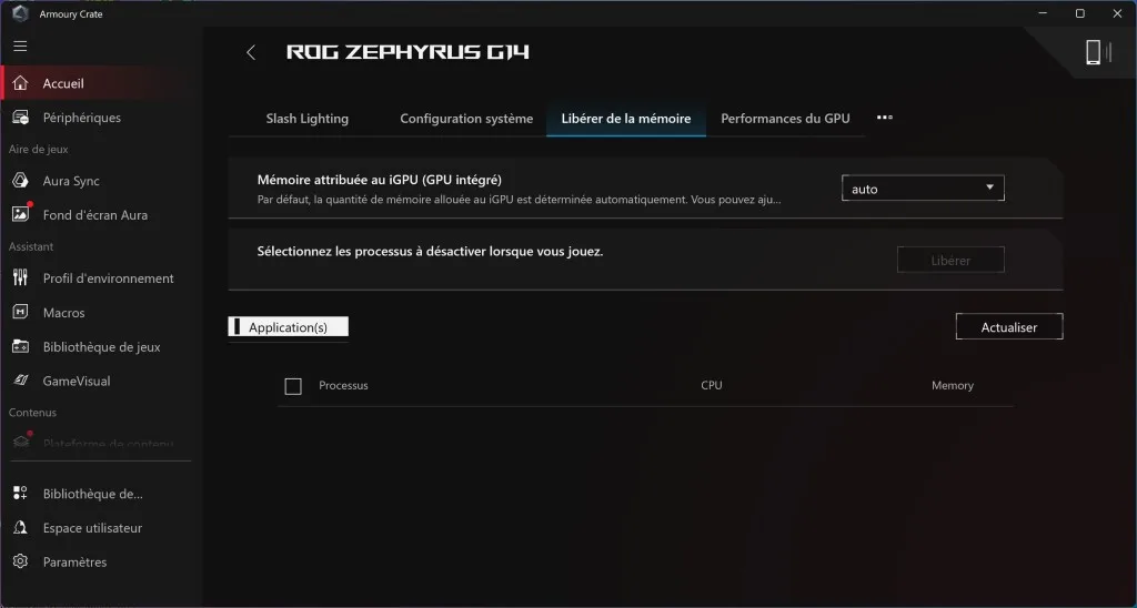 ASUS ROG Zephyrus G14 Armory Crate libération mémoire
