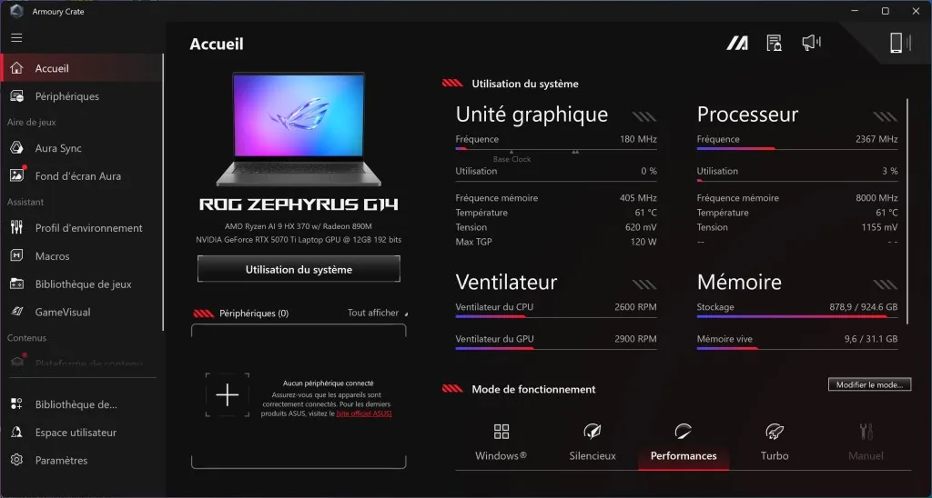 ASUS ROG Zephyrus G14 Armory Crate page accueil