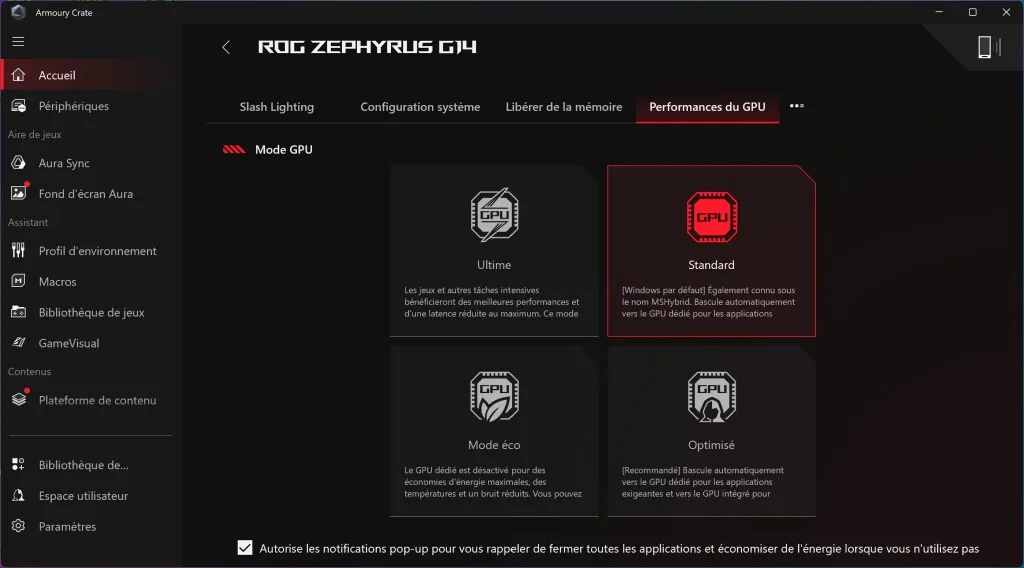 ASUS ROG Zephyrus G14 Armory Crate performances GPU