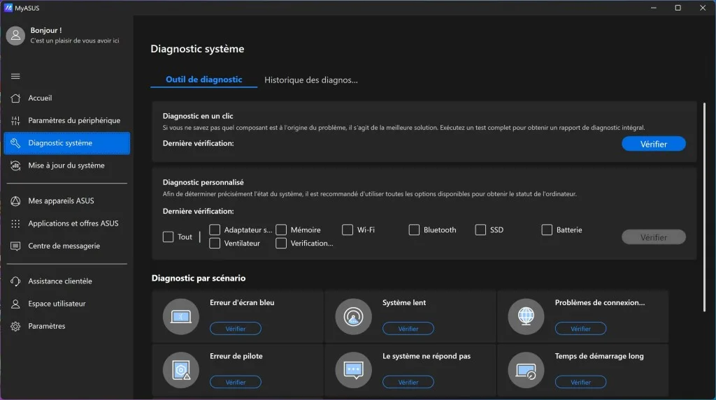 ASUS ROG Zephyrus G14 MyAsus diagnostic système