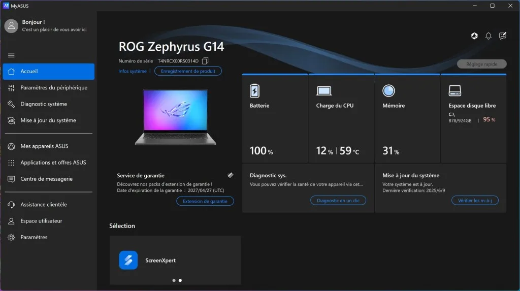 ASUS ROG Zephyrus G14 MyAsus page accueil