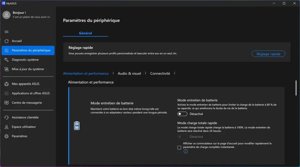 ASUS ROG Zephyrus G14 MyAsus paramètres périphériques