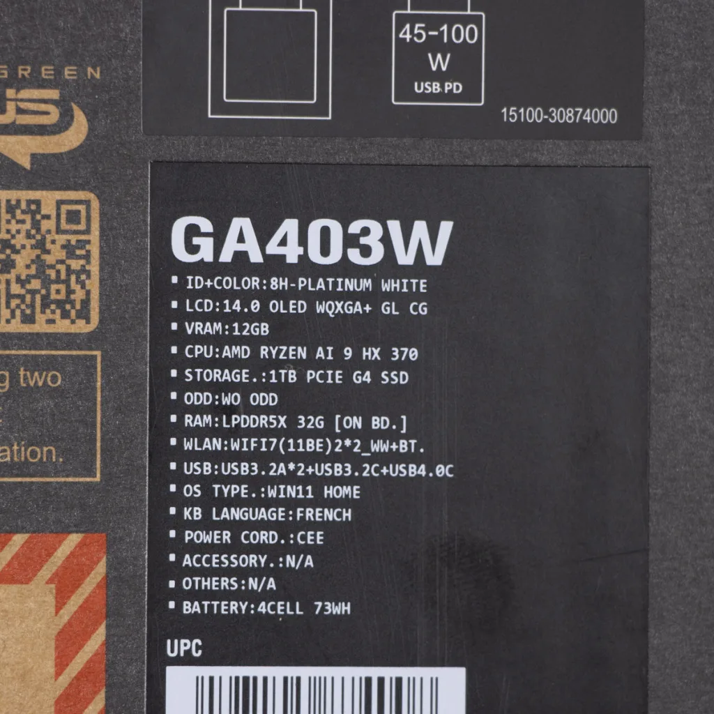 ASUS ROG Zephyrus G14 emballage étiquette composants