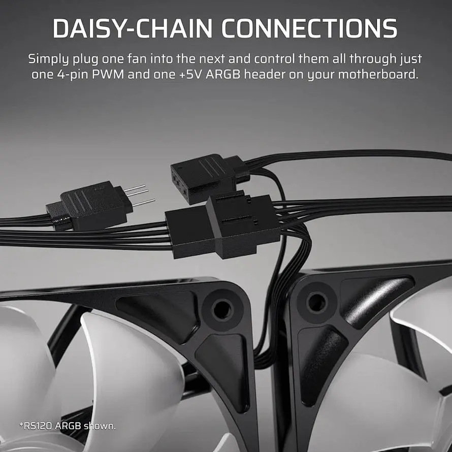 CORSAIR dévoile des ventilateurs RS-R avec rotors inversés pour un éclairage RGB sans obstruction 4 CORSAIR ventilateurs RS-R daisy chain