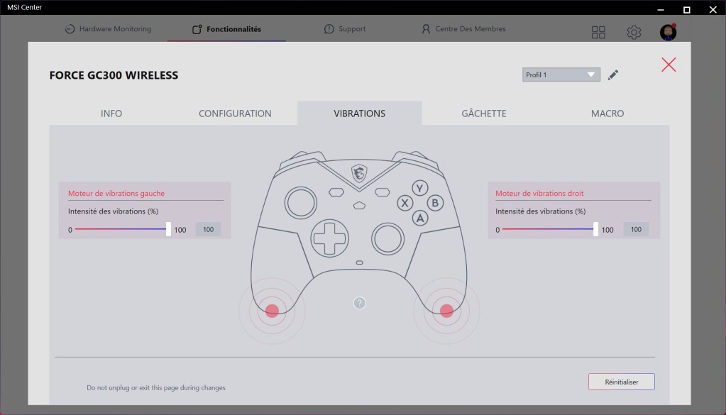 MSI FORCE GC300 Wireless logiciel vibrations