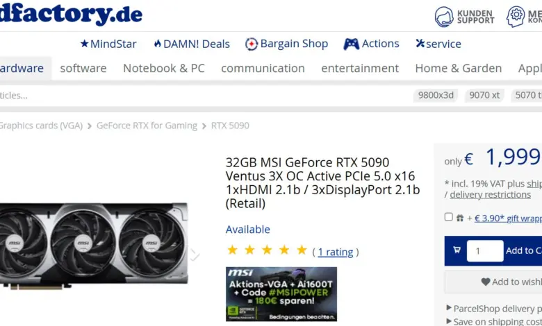 RTX 5090 à 1 999 € : première vraie baisse en Europe 1 Mindfactory MSI RTX 5090 moins 2000 euros