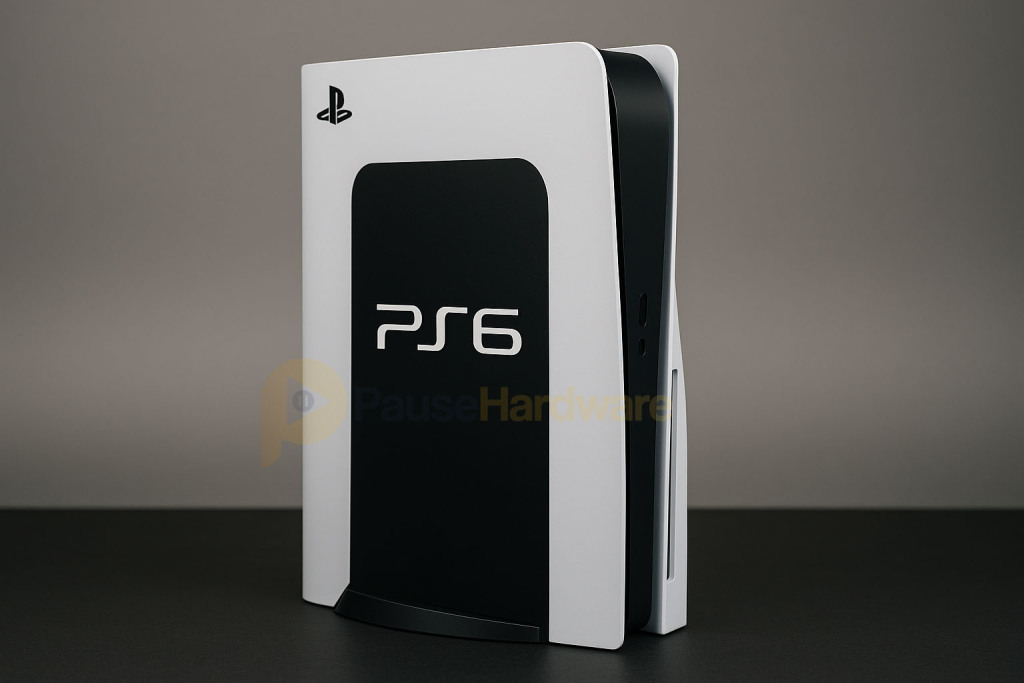 PlayStation 6 : Sony prépare l’avenir sans enterrer les consoles physiques 2 Rendu généré par IA d'une console PlayStation 6 futuriste posée sur un bureau moderne.