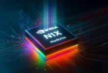 Illustration 3D du SoC NVIDIA N1X développé en collaboration avec MediaTek, intégré sur une carte mère futuriste.