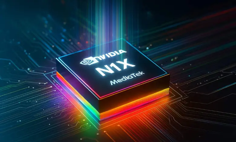 NVIDIA N1X : retard confirmé pour le SoC promis, pas de lancement avant 2026 1 Illustration 3D du SoC NVIDIA N1X développé en collaboration avec MediaTek, intégré sur une carte mère futuriste.