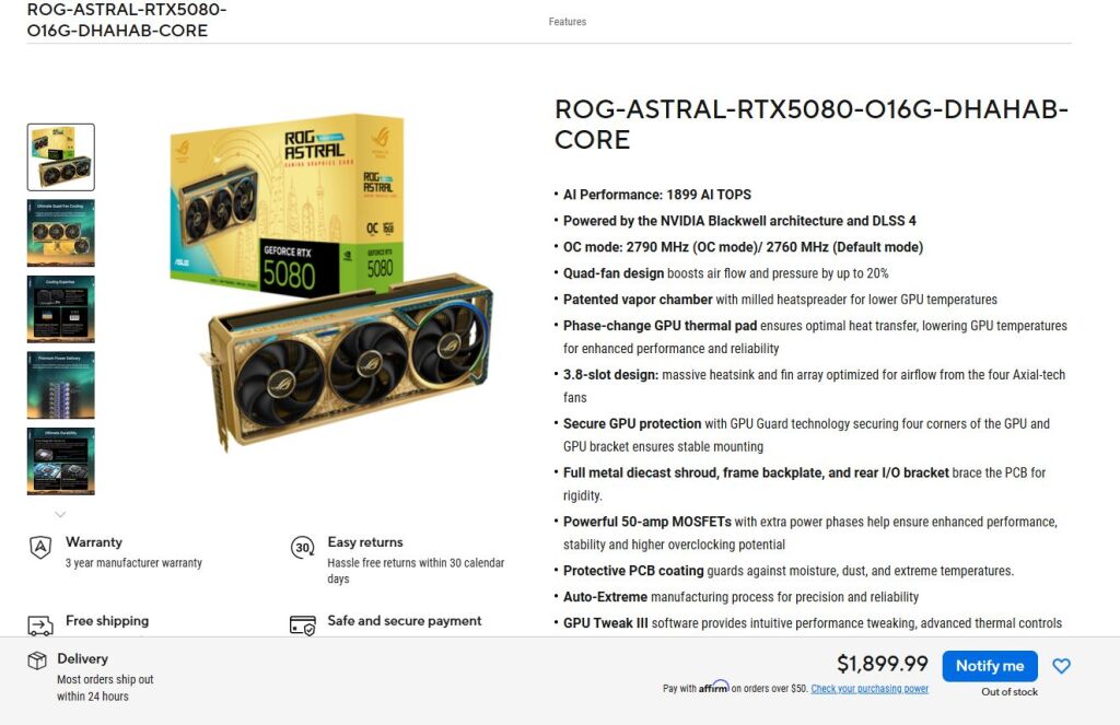 ASUS ROG Astral RTX 5080 Dhahab CORE : 1899 $ pour du faux or 2 Astral RTX 5080 Dhahab CORE ASUS (Copier)